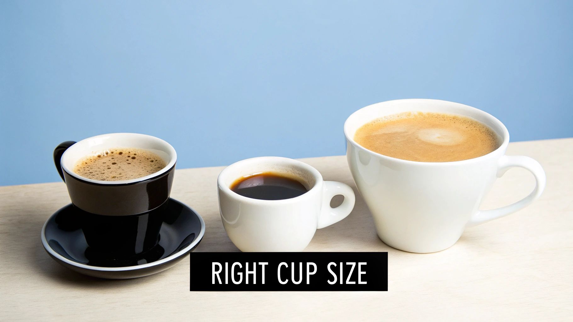 Three coffee cups of varying sizes, black and white, filled with different coffee beverages on a wooden table.