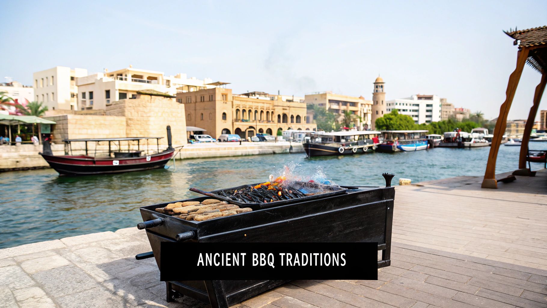 A BBQ grill by a waterfront with boats and historic buildings. Smoke rises from cooking food. Text reads "Ancient BBQ Traditions." Dubai Creek canal.