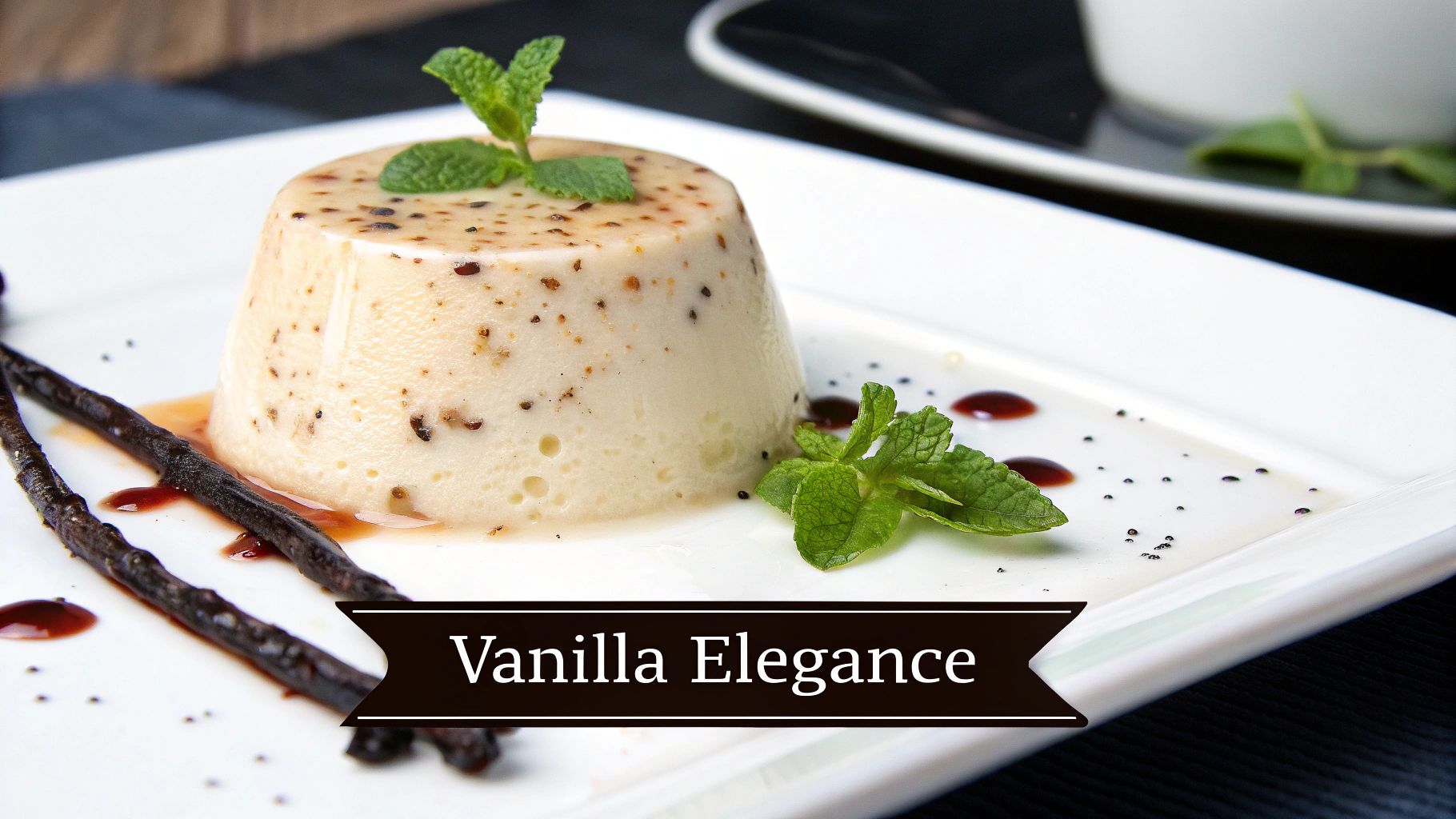 An elegant vanilla dessert, possibly panna cotta, garnished with fresh mint and dark vanilla bean pods on a white plate.