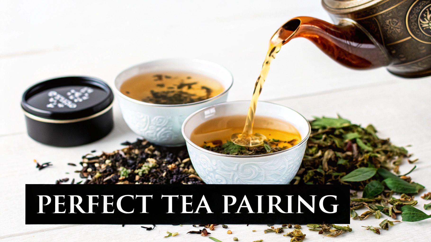 An ornate bronze teapot pours hot golden tea into a light blue patterned cup amidst loose tea leaves.