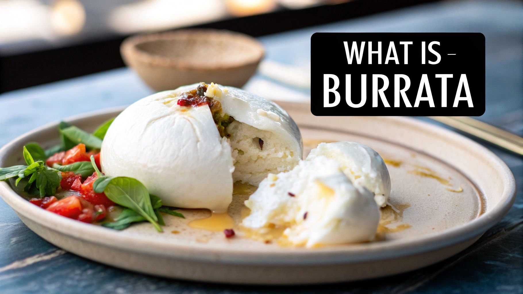 Fresh burrata on wooden board