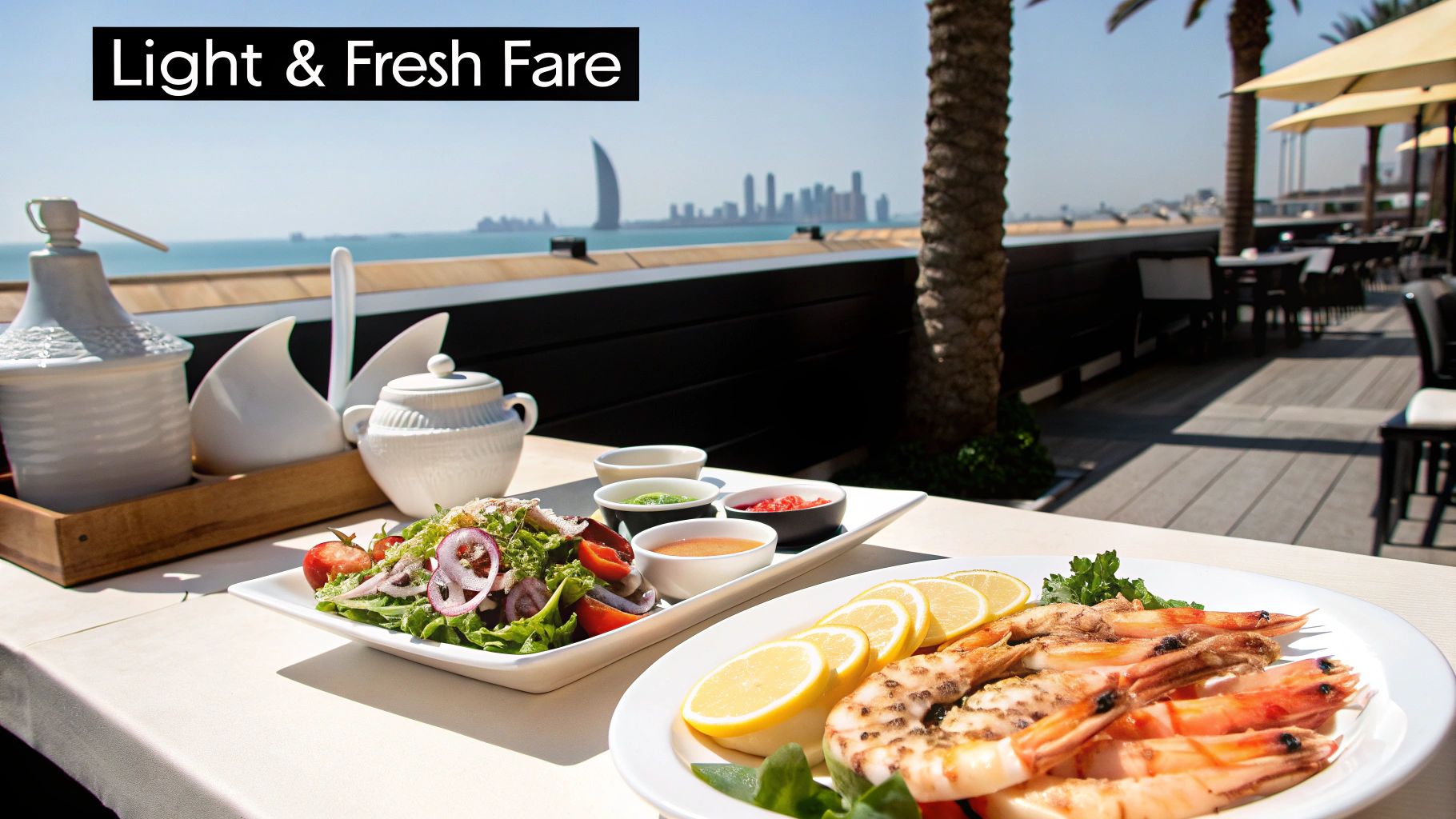 Grilled shrimp, fresh salad, and dips on a table at an outdoor restaurant overlooking the Dubai skyline.