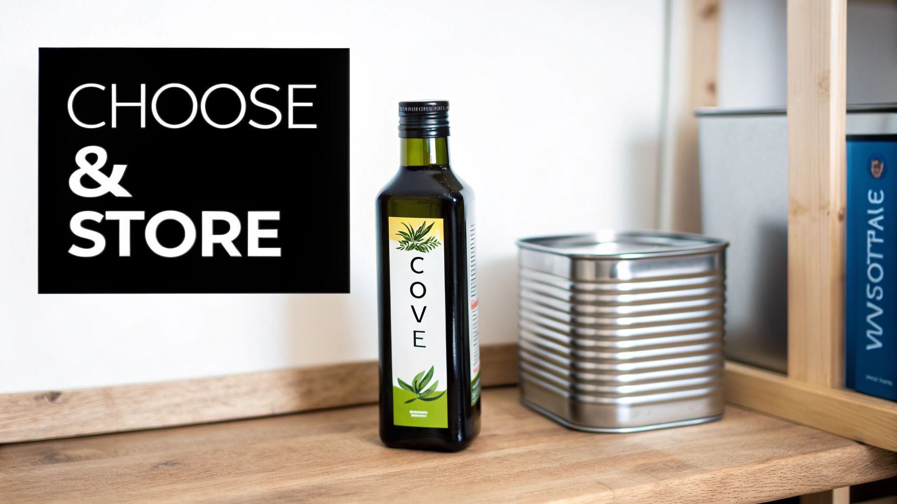 A bottle of olive oil next to a bowl of fresh olives.