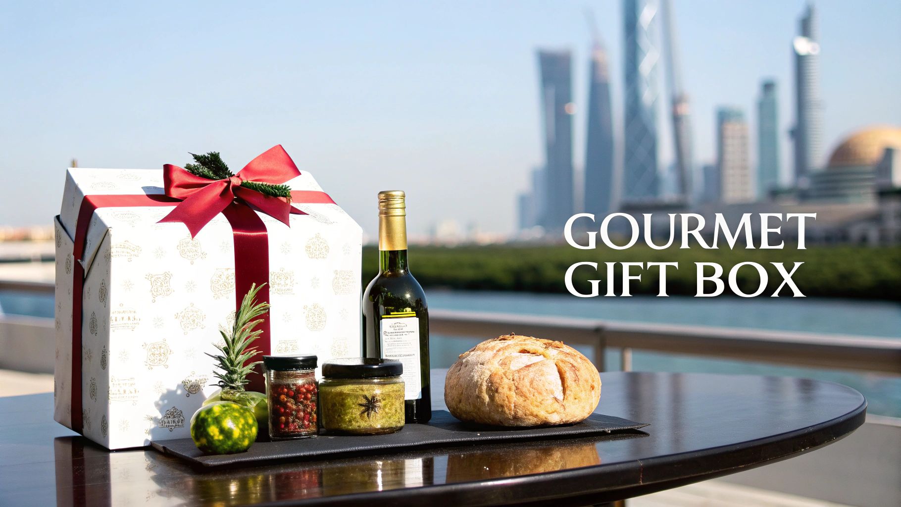 A gourmet gift box with red ribbon, wine, bread, and spices on a table overlooking a city skyline.