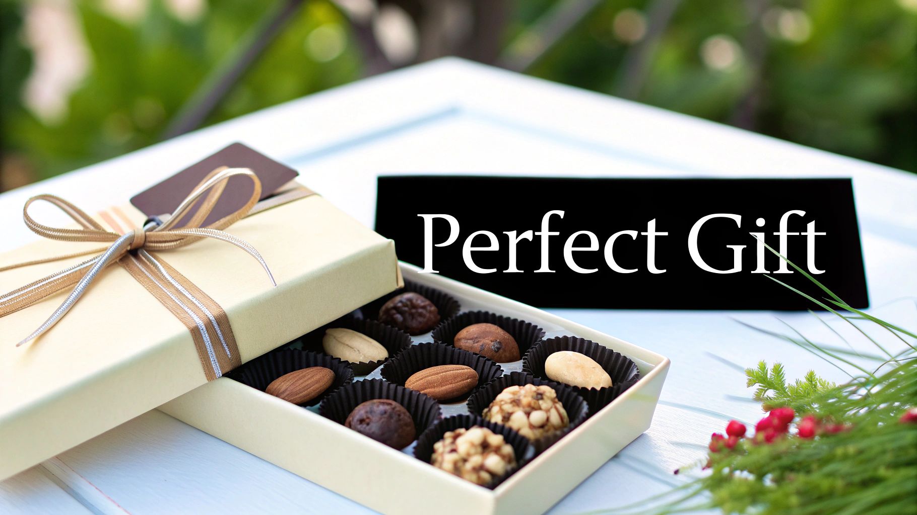 An open beige gift box filled with assorted chocolates and almonds, with a "Perfect Gift" sign.