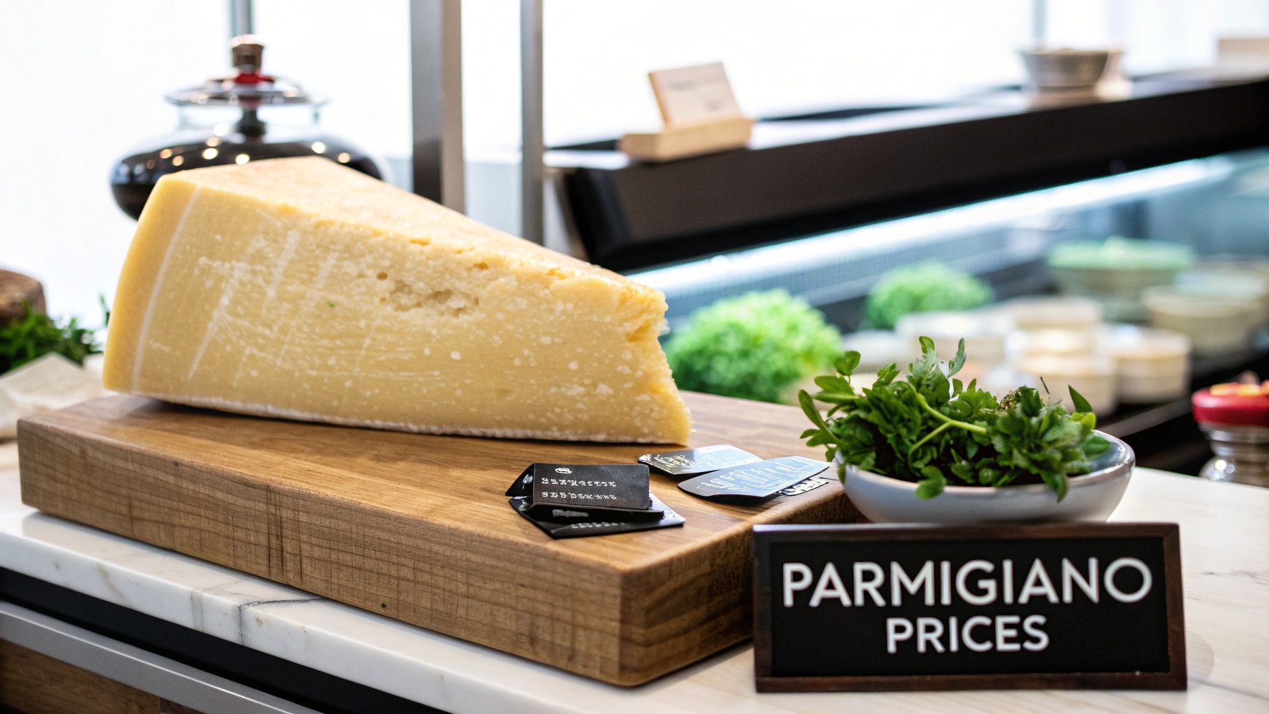 A large wedge of Parmigiano cheese on a wooden board, with a 'Parmigiano Prices' sign and fresh herbs.