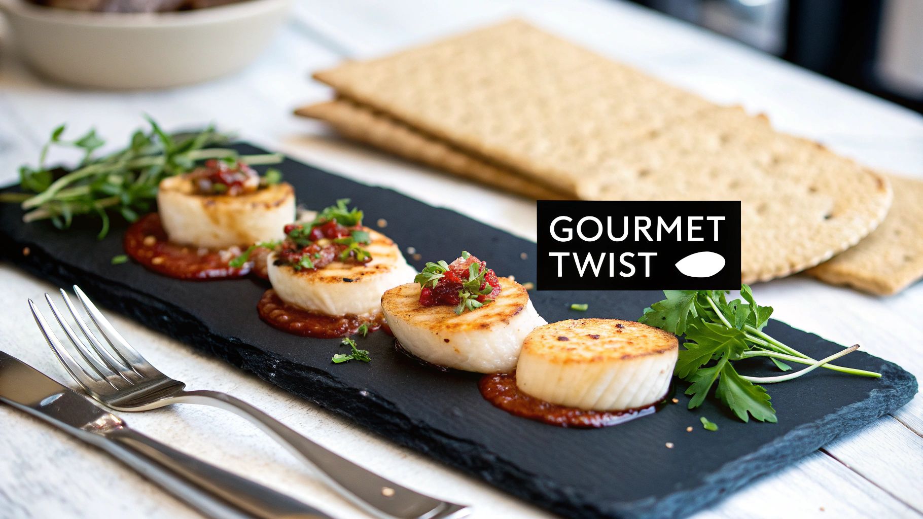Seared scallops with red sauce and fresh herbs on a black slate serving board, with crackers and cutlery.