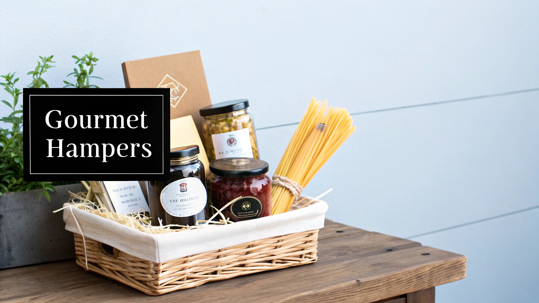 A woven basket containing gourmet items like jars of food, a gift box, and spaghetti, labeled 'Gourmet Hampers'.