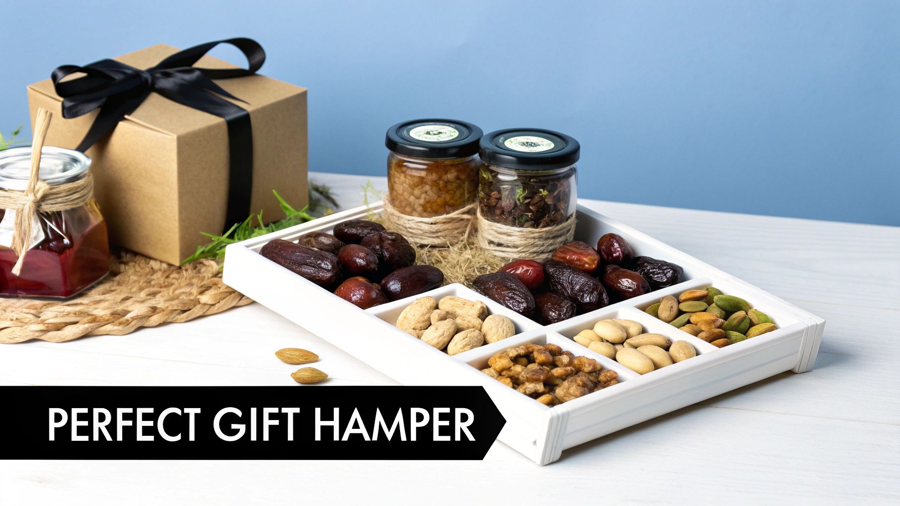 A beautifully arranged gift hamper with a variety of dry fruits, nuts, and jars, beside a gift box.