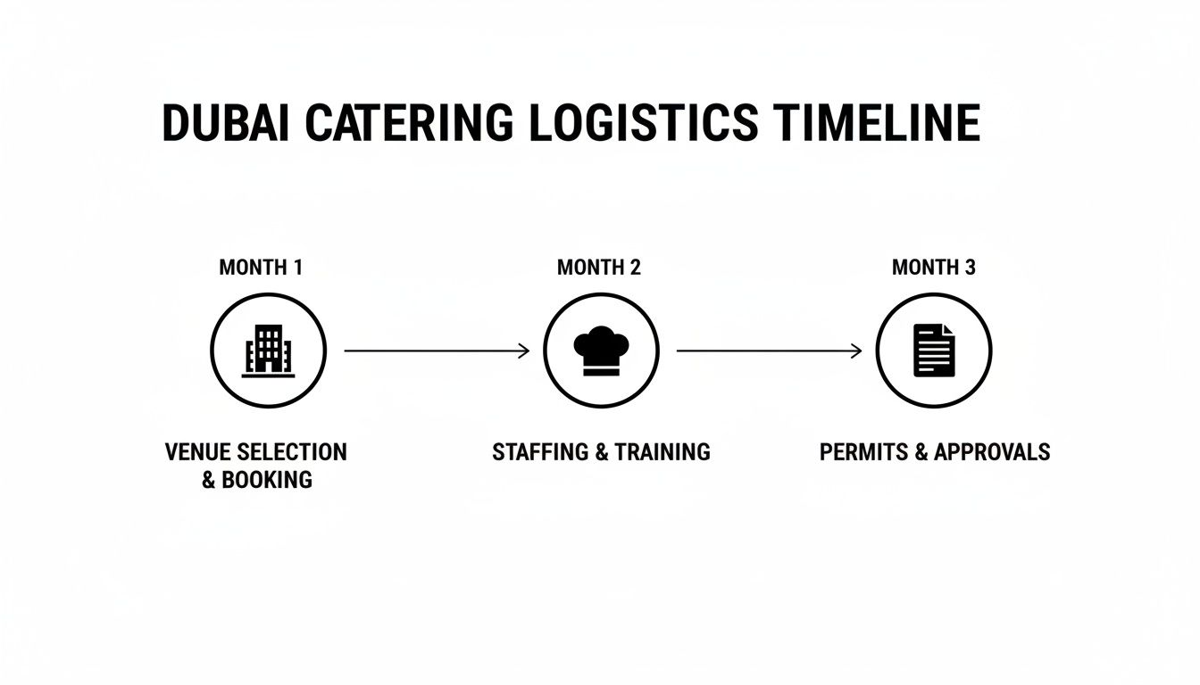 A timeline graphic outlining Dubai catering logistics, detailing three months for venue, staffing, and permits.