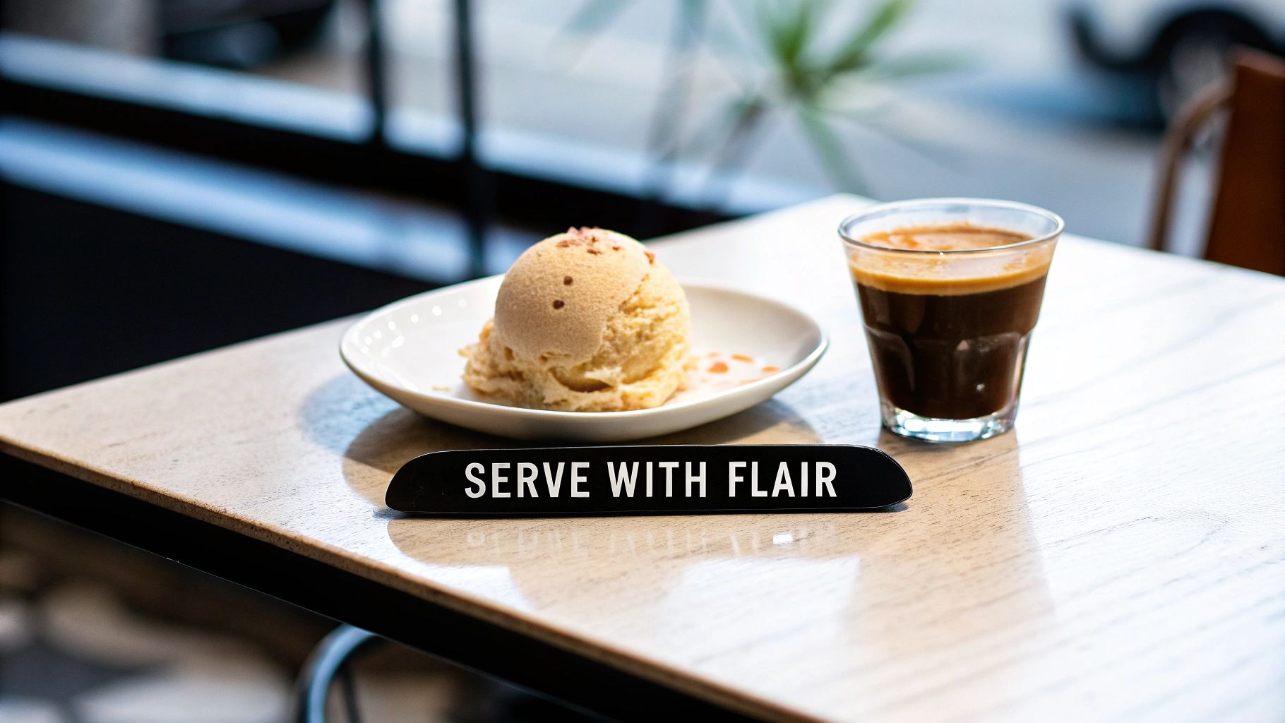 A scoop of ice cream with toppings on a plate next to an espresso, on a wooden table.