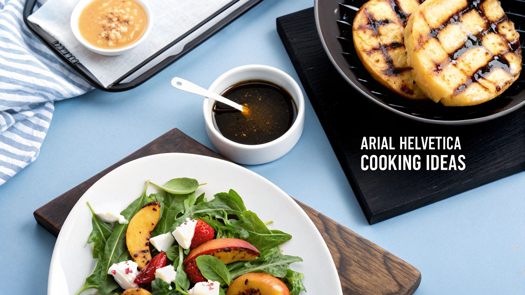 A vibrant summer salad with grilled peaches, strawberries, and feta, served with grilled fruit and dressings.