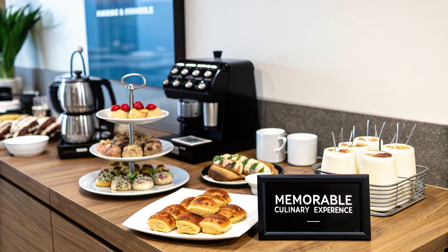 A delectable spread of catered desserts, pastries, and beverages on a wooden counter for a memorable culinary experience.