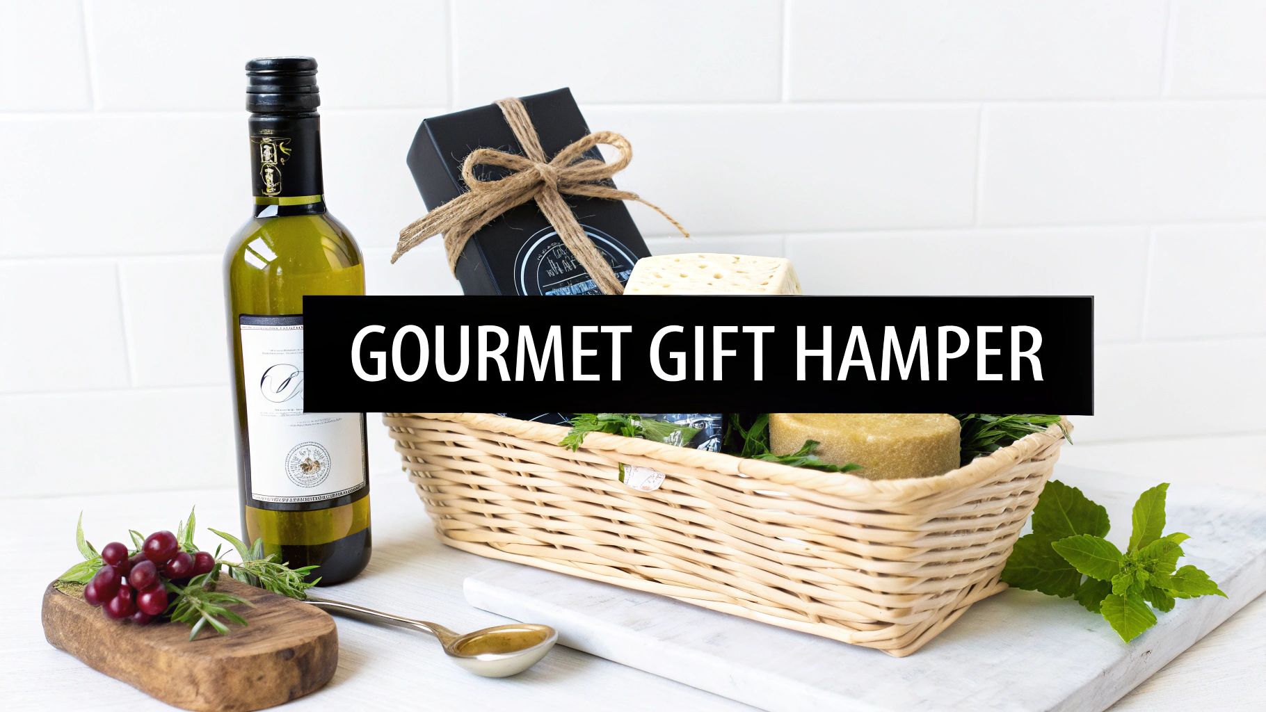 A beautiful gourmet gift hamper featuring white wine, cheese, a black gift box, grapes, and herbs.