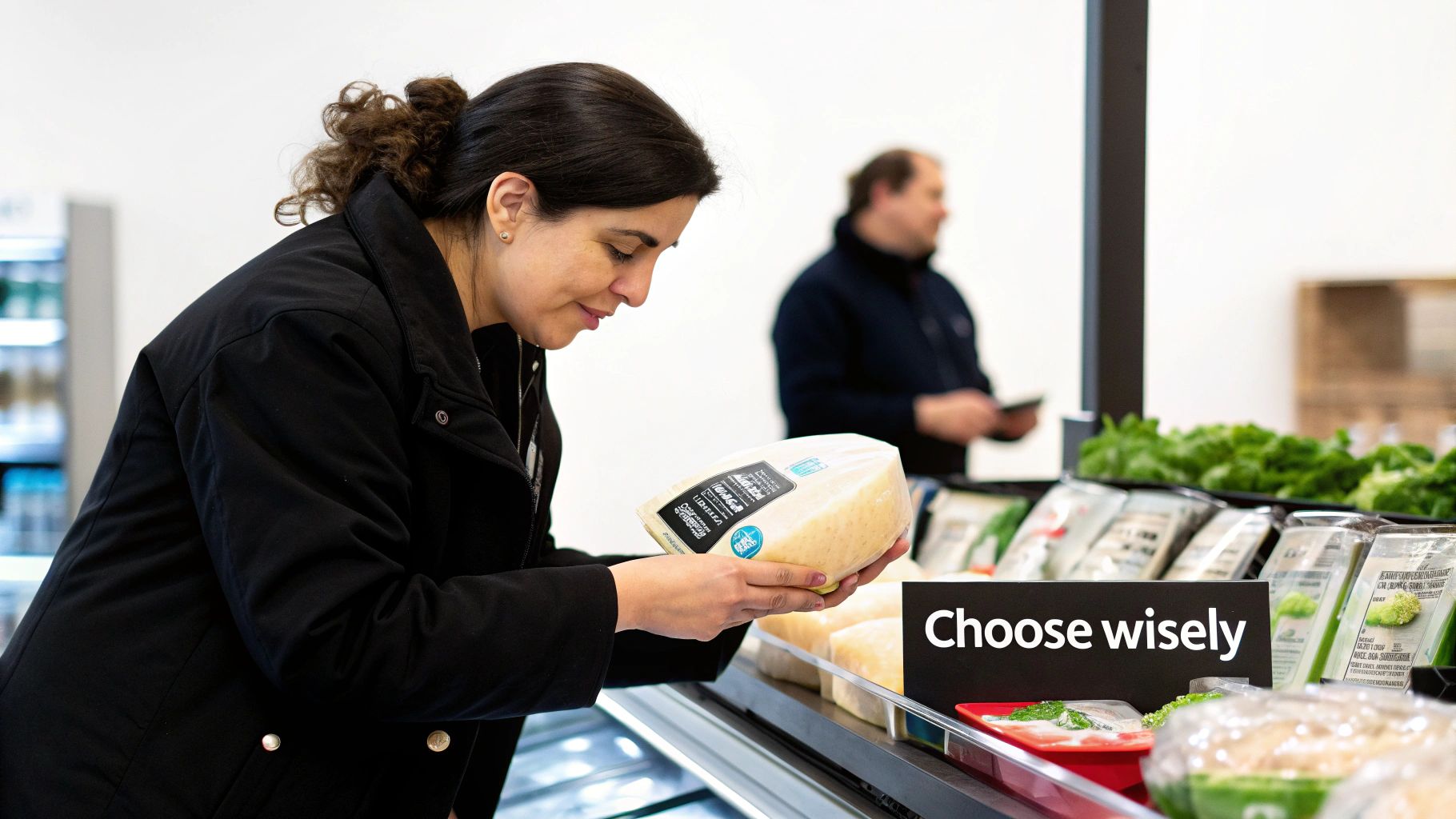Woman shopping in a grocery store, holding and examining a block of cheese.
