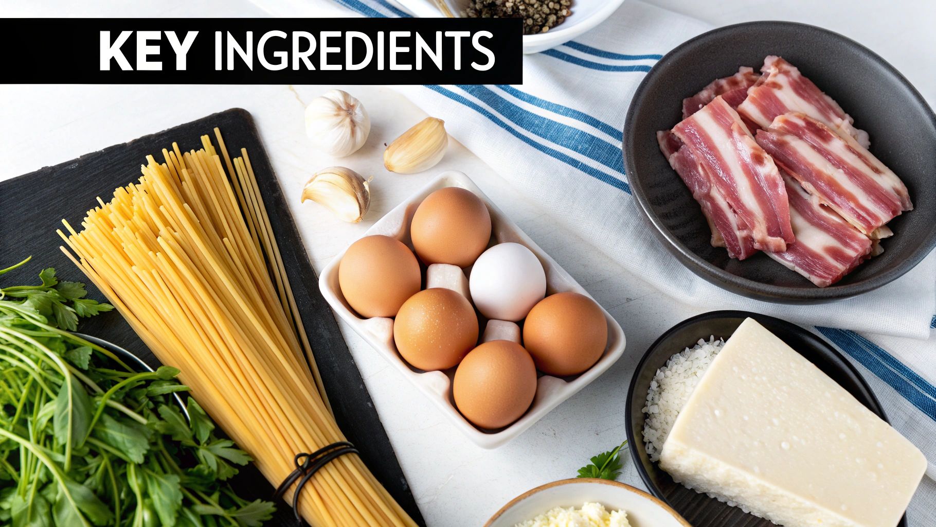 Spaghetti, bacon, eggs, garlic, and cheese on a white and blue cloth. Black label reads "Key Ingredients." Fresh parsley adds green.