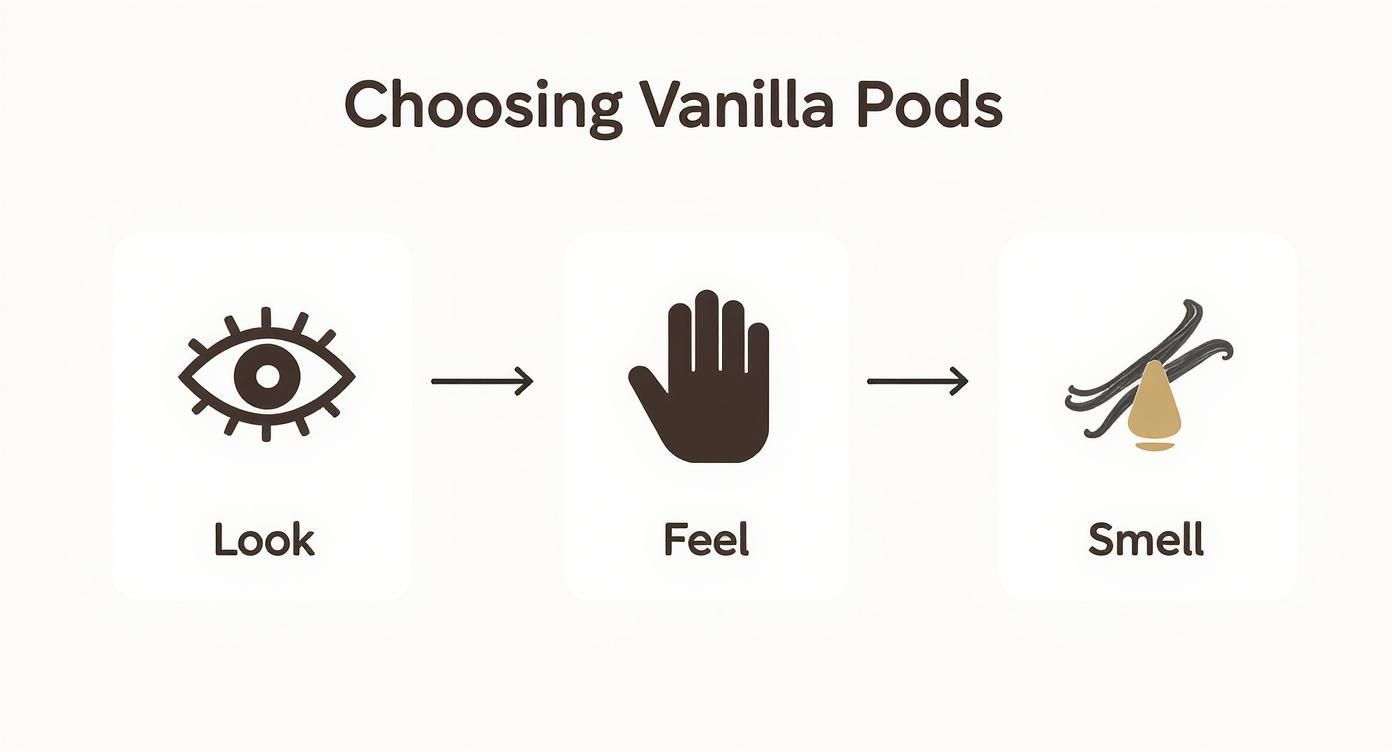 Three-step guide showing look, feel, and smell methods for choosing quality vanilla pods