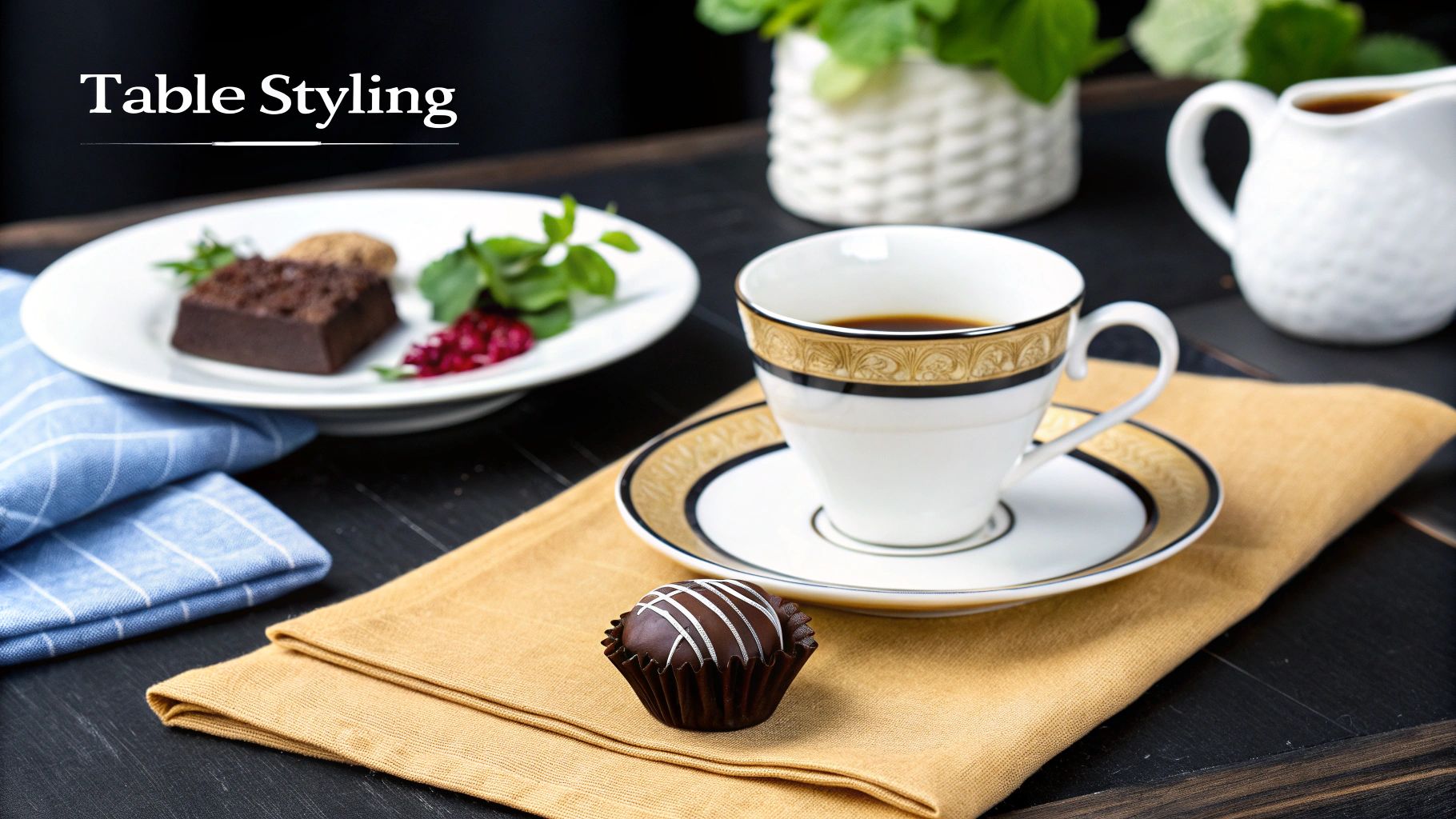 An elegant table setting with coffee, cake, and a chocolate truffle on a dark wooden surface.