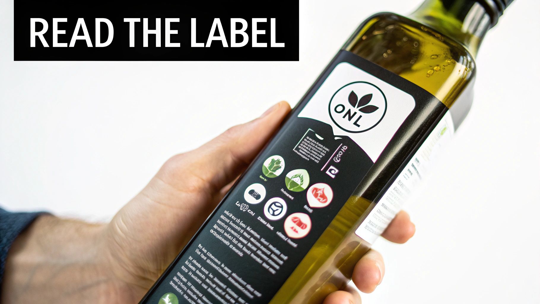 A hand holds a green olive oil bottle with a black and white label, emphasizing "READ THE LABEL".