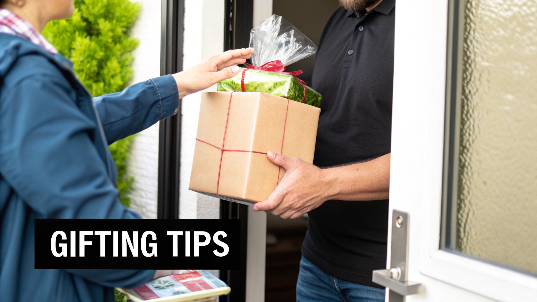 Person receiving a gift box and a wrapped present from a delivery person at a home entrance.