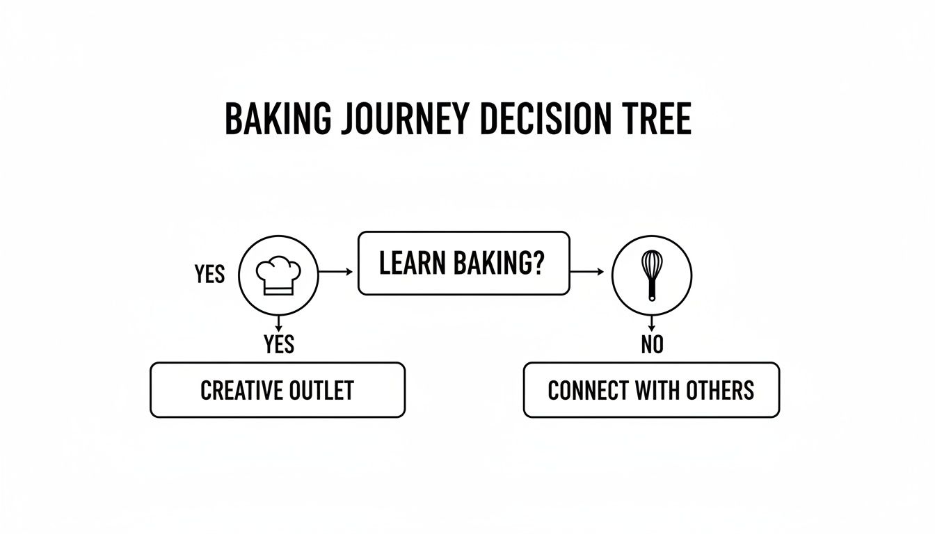 A baking journey decision tree flowchart with options for a creative outlet or connecting with others.