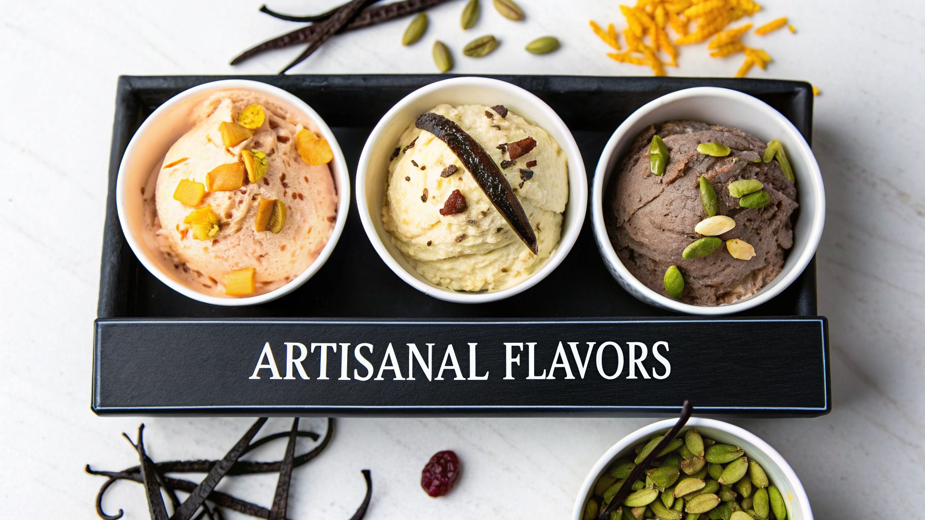 Three scoops of artisanal ice cream in different flavors, topped with fruits, vanilla, and pistachios.