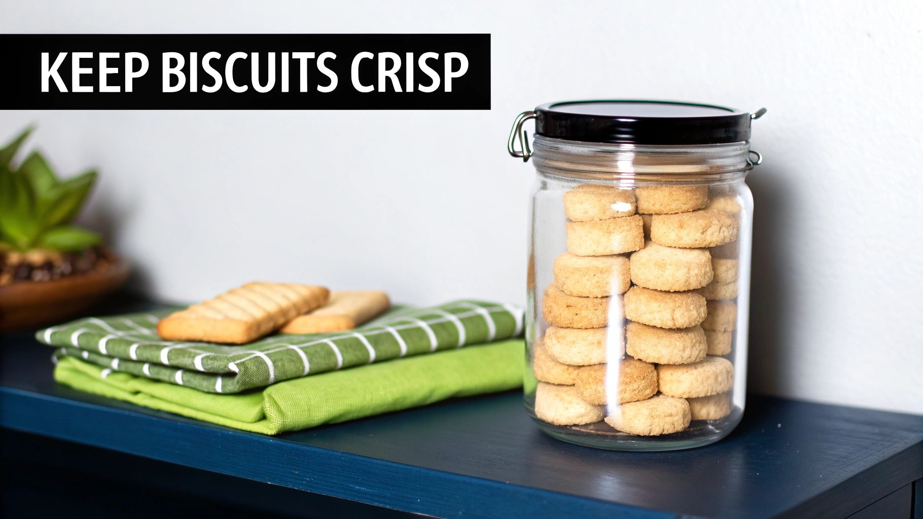 A clear glass jar filled with crisp round biscuits on a blue table, next to more biscuits on green towels.