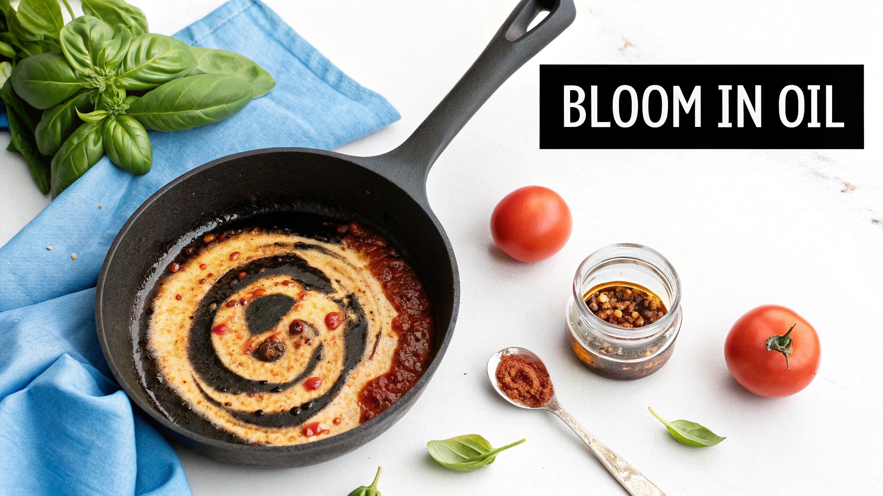 A cast iron skillet with swirled sauces, fresh basil, tomatoes, and spices on a white surface.