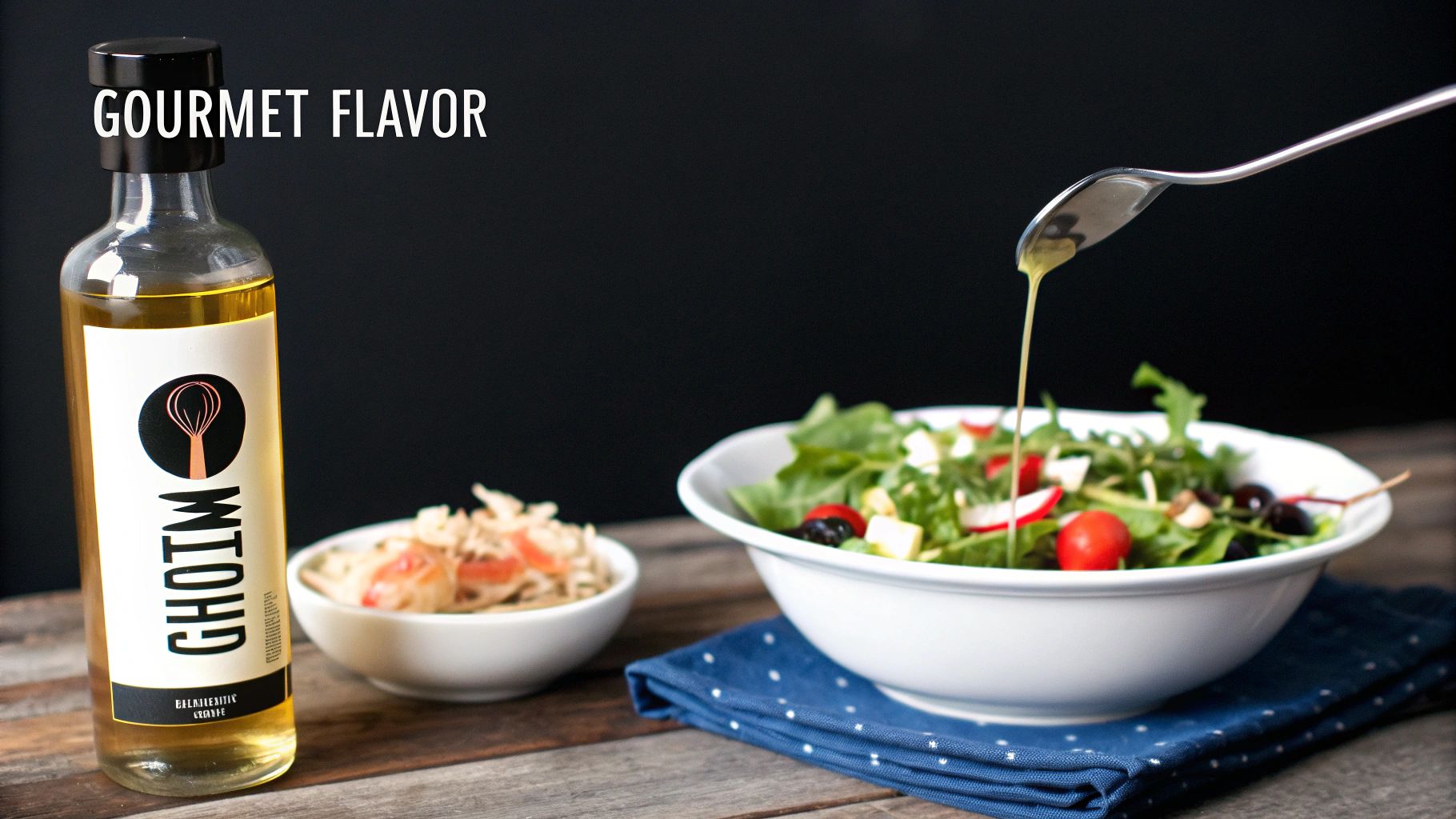 Gourmet balsamic vinegar bottle on a wooden table with a fresh salad being dressed.