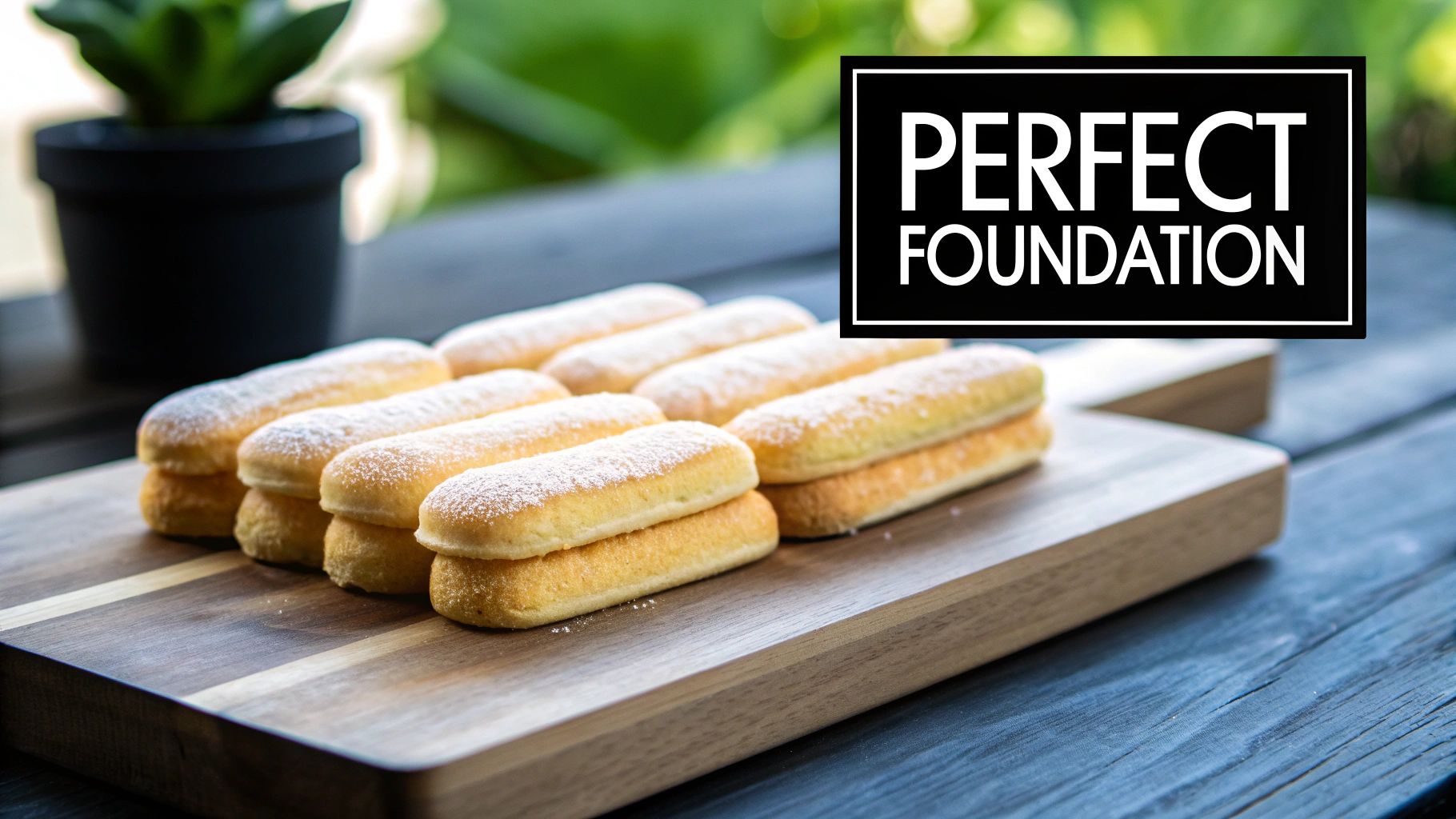 Ladyfingers (savoiardi biscuits) dusted with powdered sugar, arranged on a wooden board, with a plant in background.