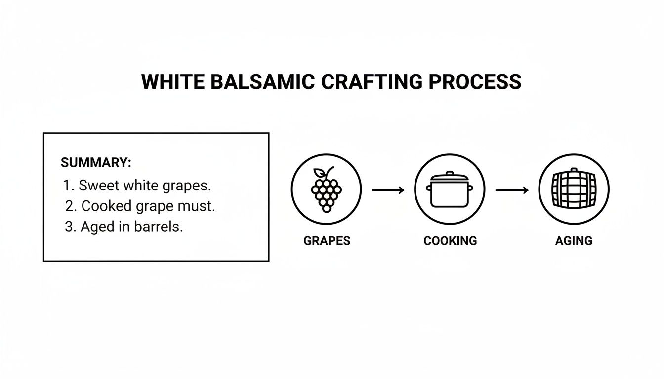 Diagram illustrating the white balsamic crafting process: sweet white grapes, cooking, and aging in barrels.