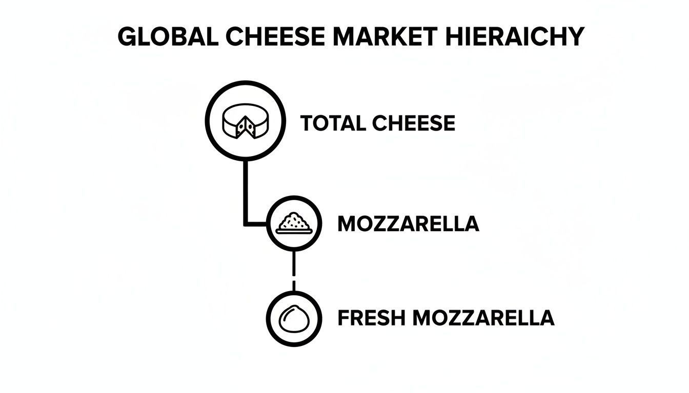 A hierarchy diagram showing the Global Cheese Market, from Total Cheese to Mozzarella and Fresh Mozzarella.