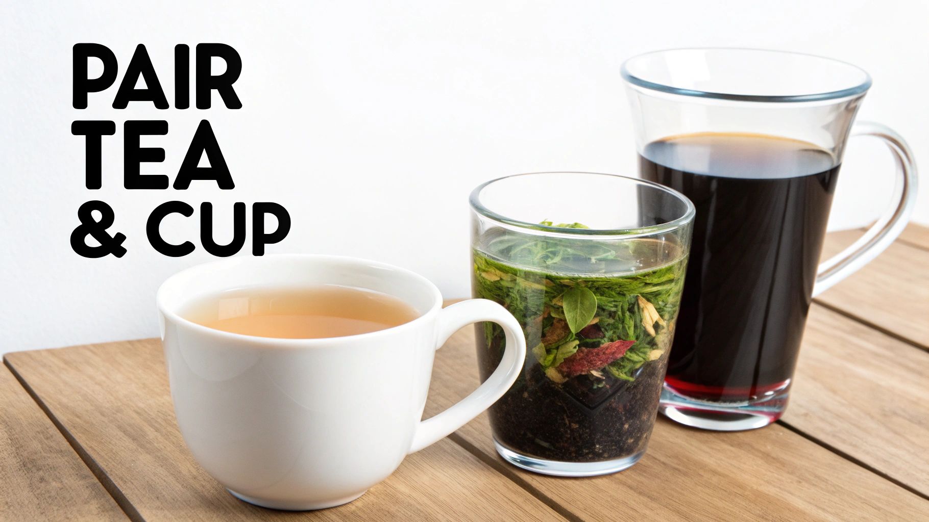 A beautifully arranged tea cup set with various types of tea leaves scattered around.