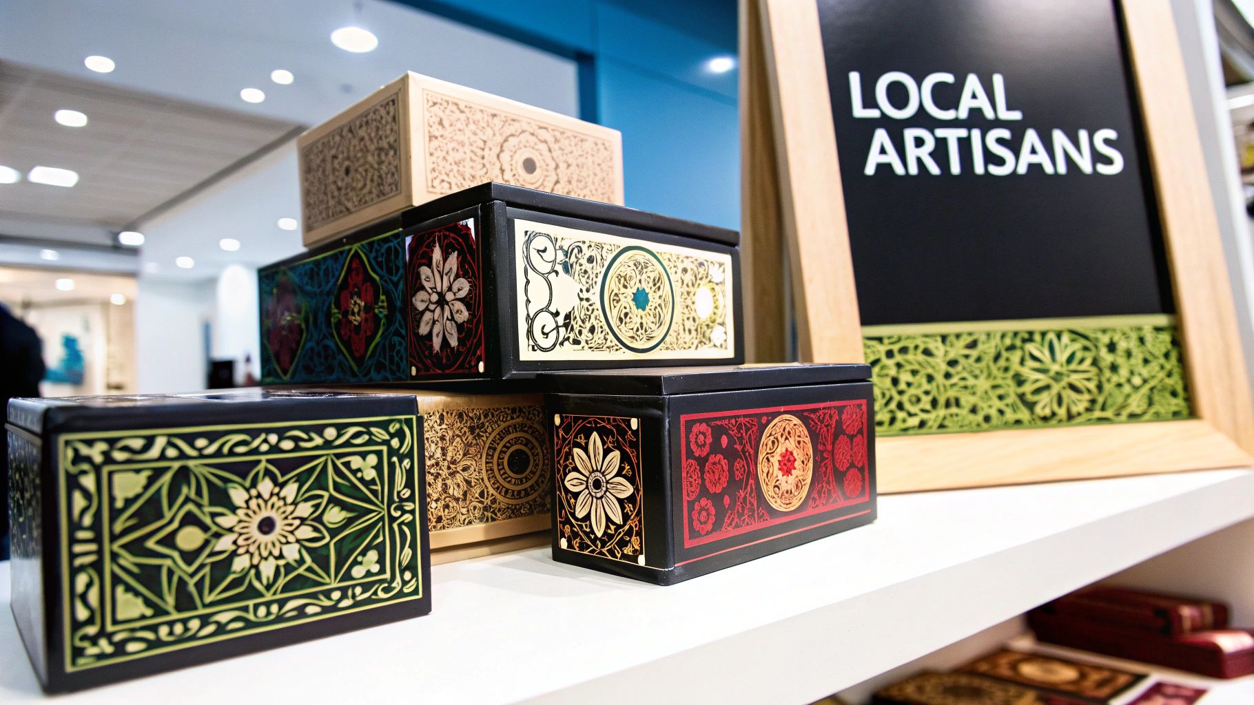 Colorful patterned boxes stacked on a white shelf with a "Local Artisans" sign in the background. Bright, modern indoor setting.