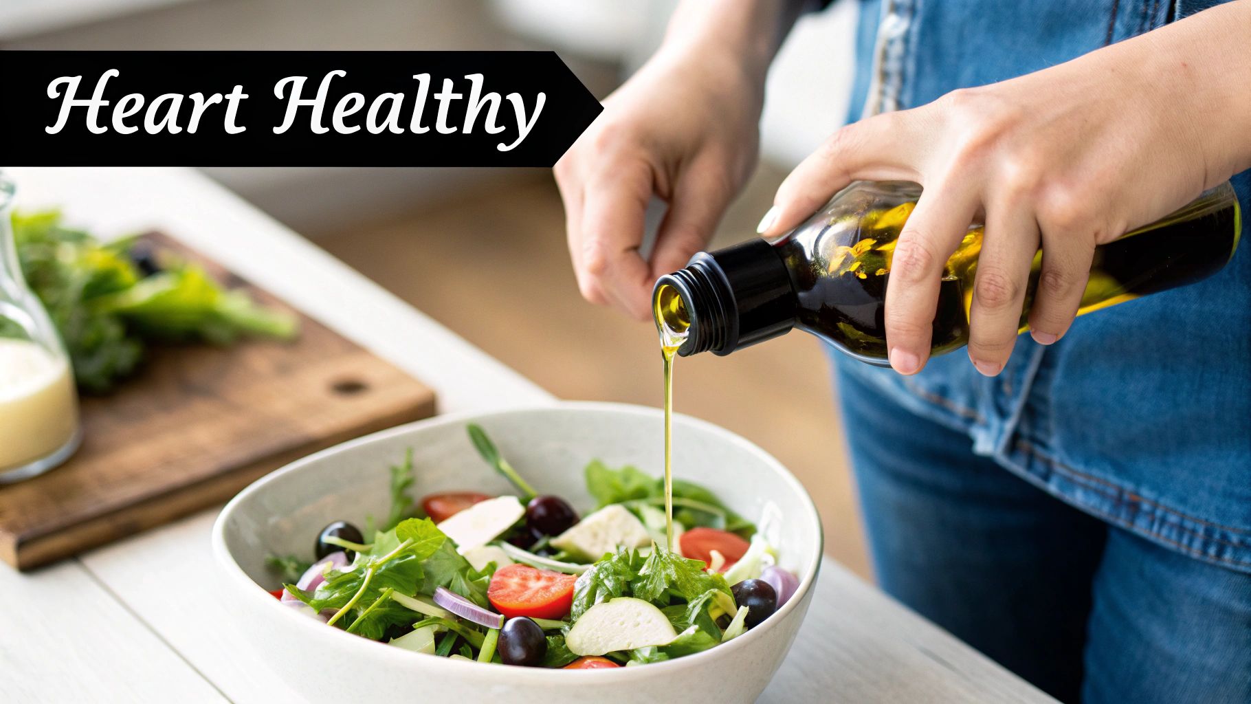Hands pour olive oil on a fresh salad with tomatoes and greens. Text reads Heart Healthy. Bright kitchen background, wooden board nearby.