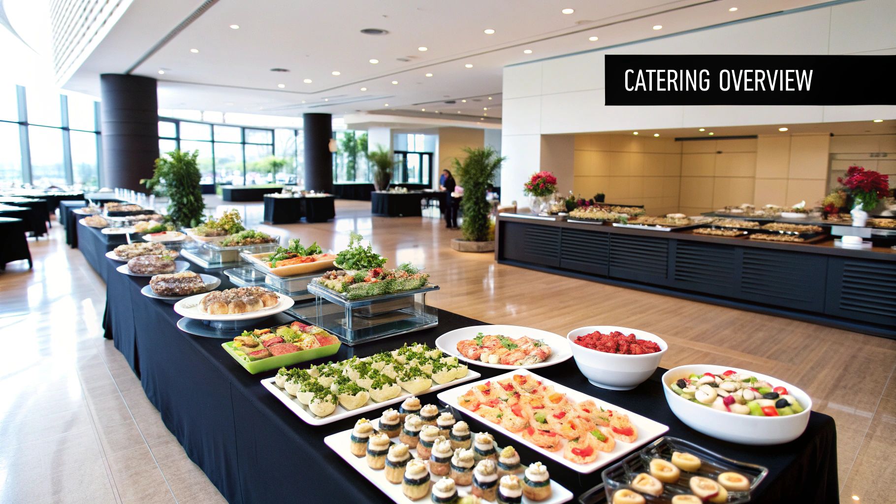 Buffet setup in a spacious room with black tablecloths, various colorful dishes, plants, and "Catering Overview" text. Bright, elegant mood.