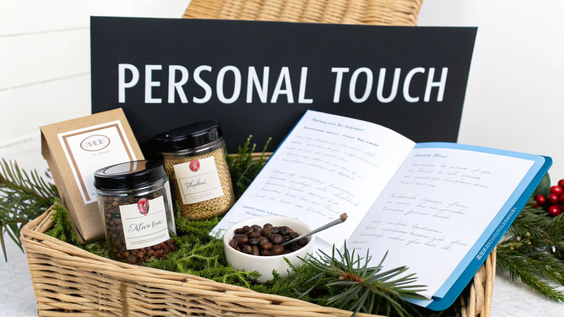 A personalized gift hamper with spices, coffee beans, and a handwritten recipe book for Christmas.