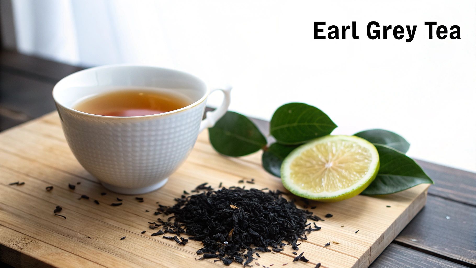 A cup of Earl Grey tea with loose leaves and bergamot orange slices nearby