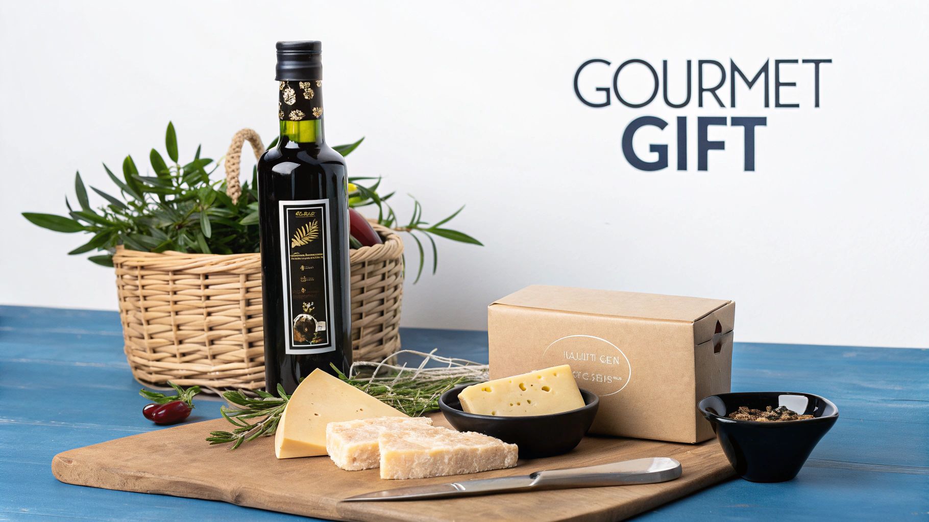 A beautiful gourmet gift set with olive oil, different cheeses, a gift box, and green plants on a wooden surface.