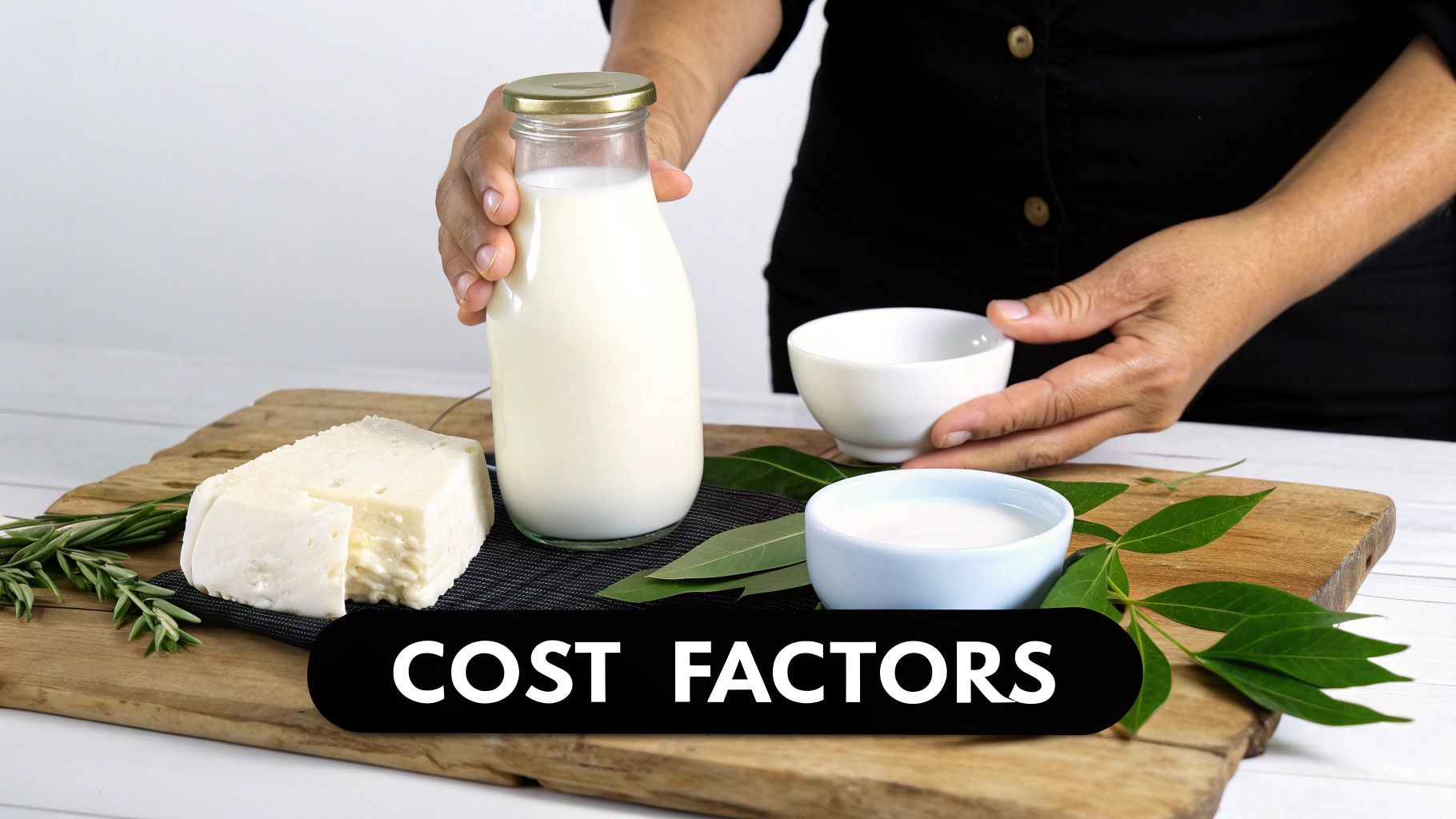Hands holding a milk bottle and white bowl next to cheese on a wooden board, with 'COST FACTORS' text.