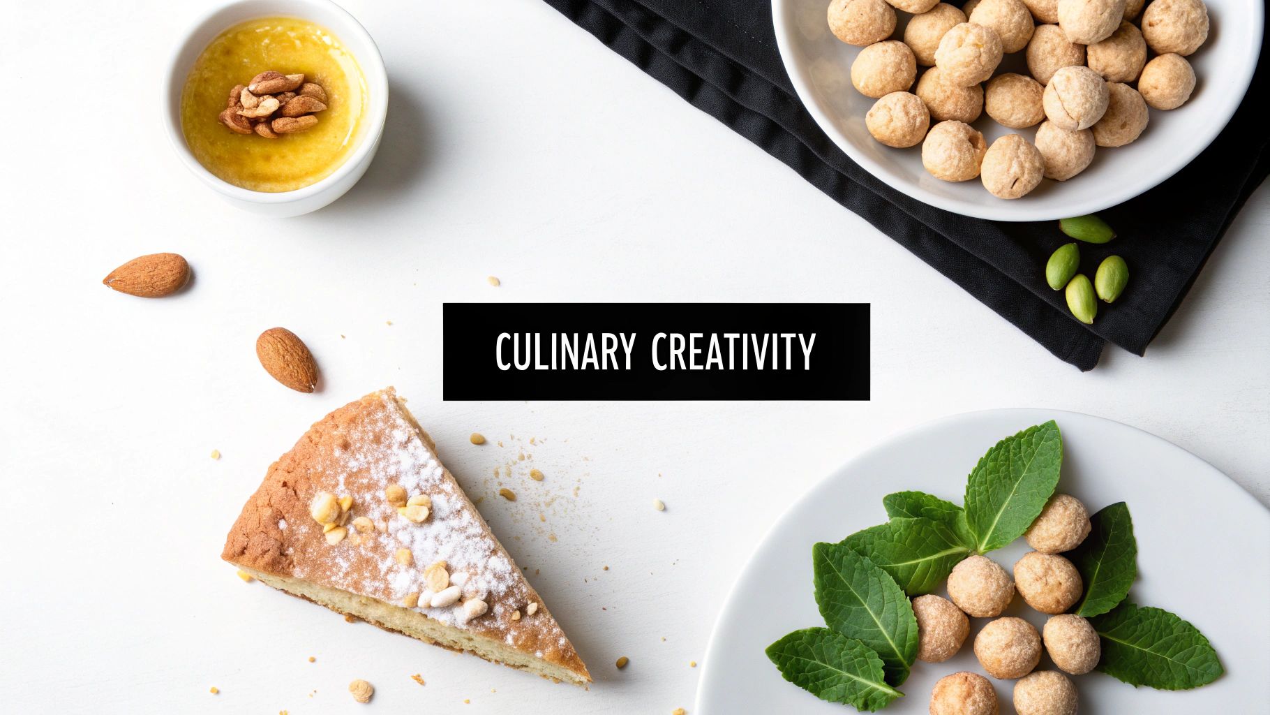 Variety of almond desserts, pudding, and nuts artistically arranged on a white surface.