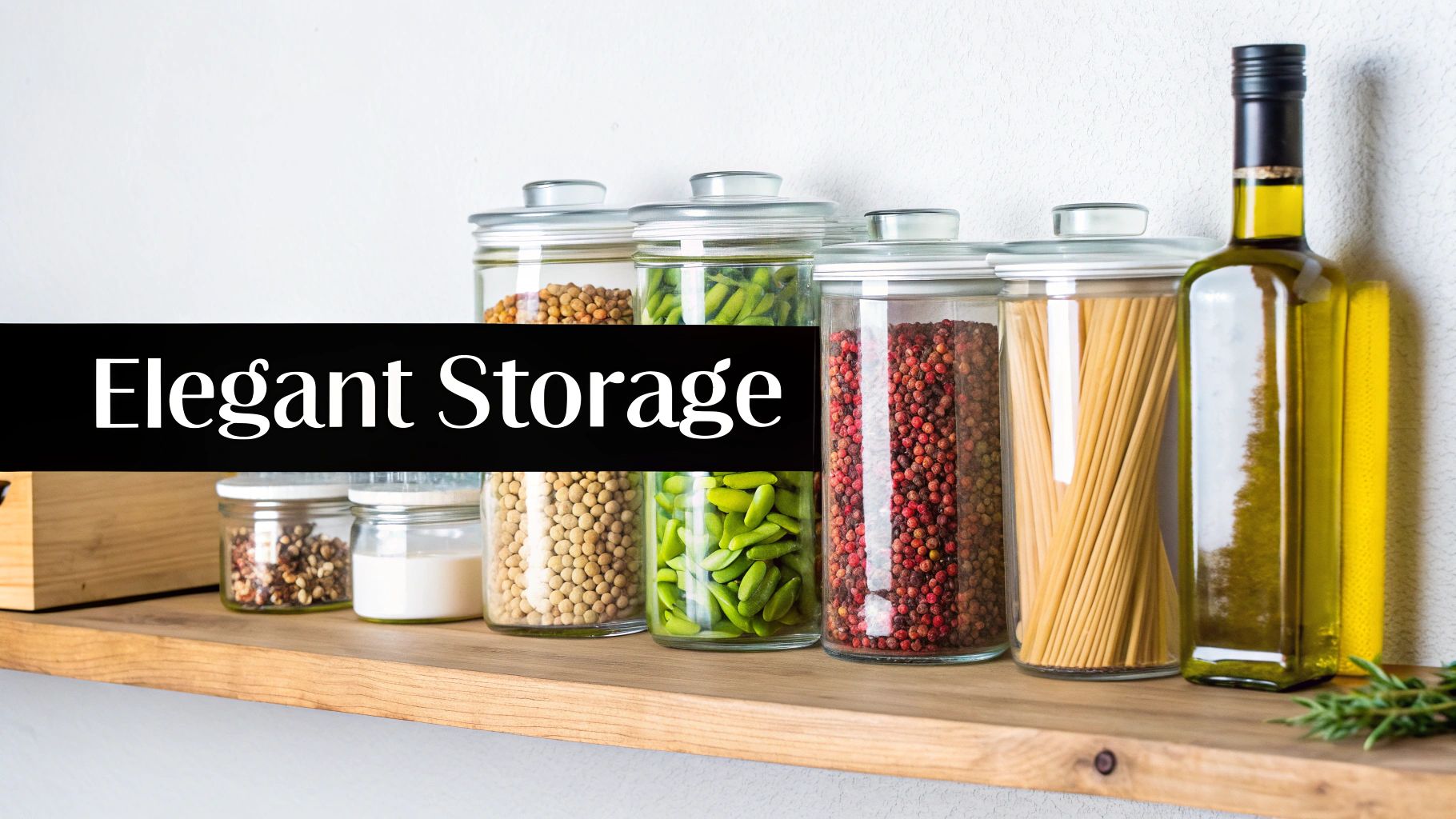 Several elegant glass jars with glass lids filled with various dry ingredients and spices on a wooden shelf.