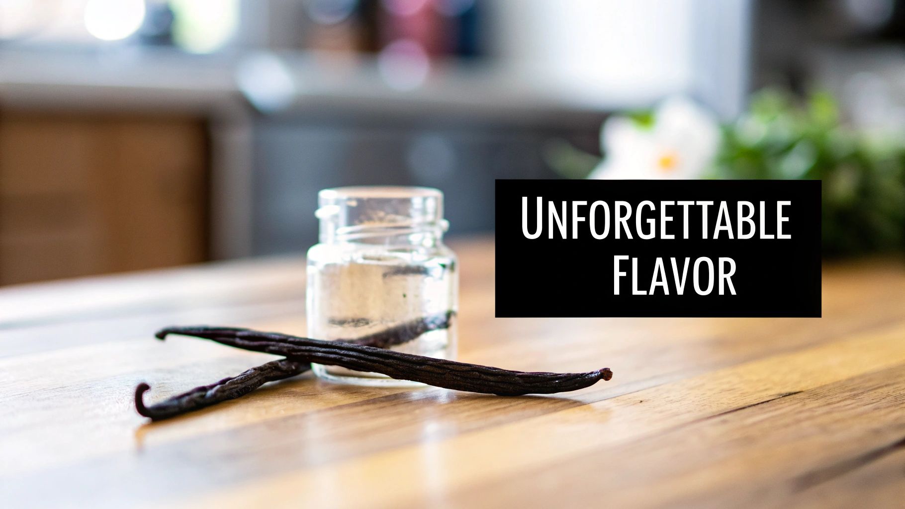 Dried vanilla bean pods and glass jar with vanilla extract on wooden kitchen counter