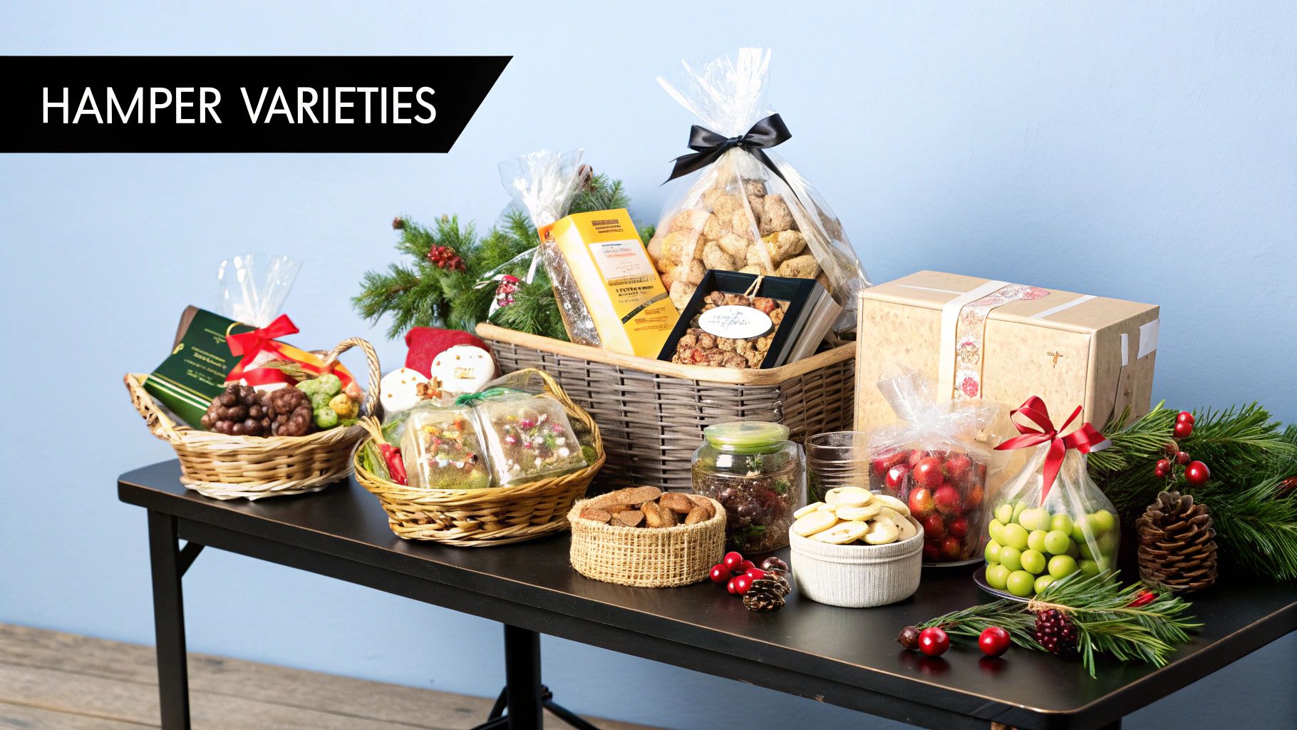 Festive hampers with snacks, cookies, and fruits on a dark table. Decorated with greenery and ornaments. "Hamper Varieties" text above.
