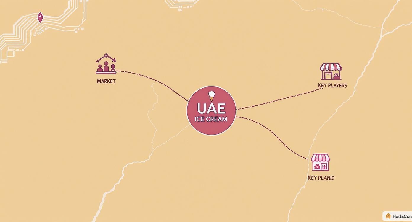 Diagram illustrating the UAE ice cream market, connecting key players, market, and other entities.