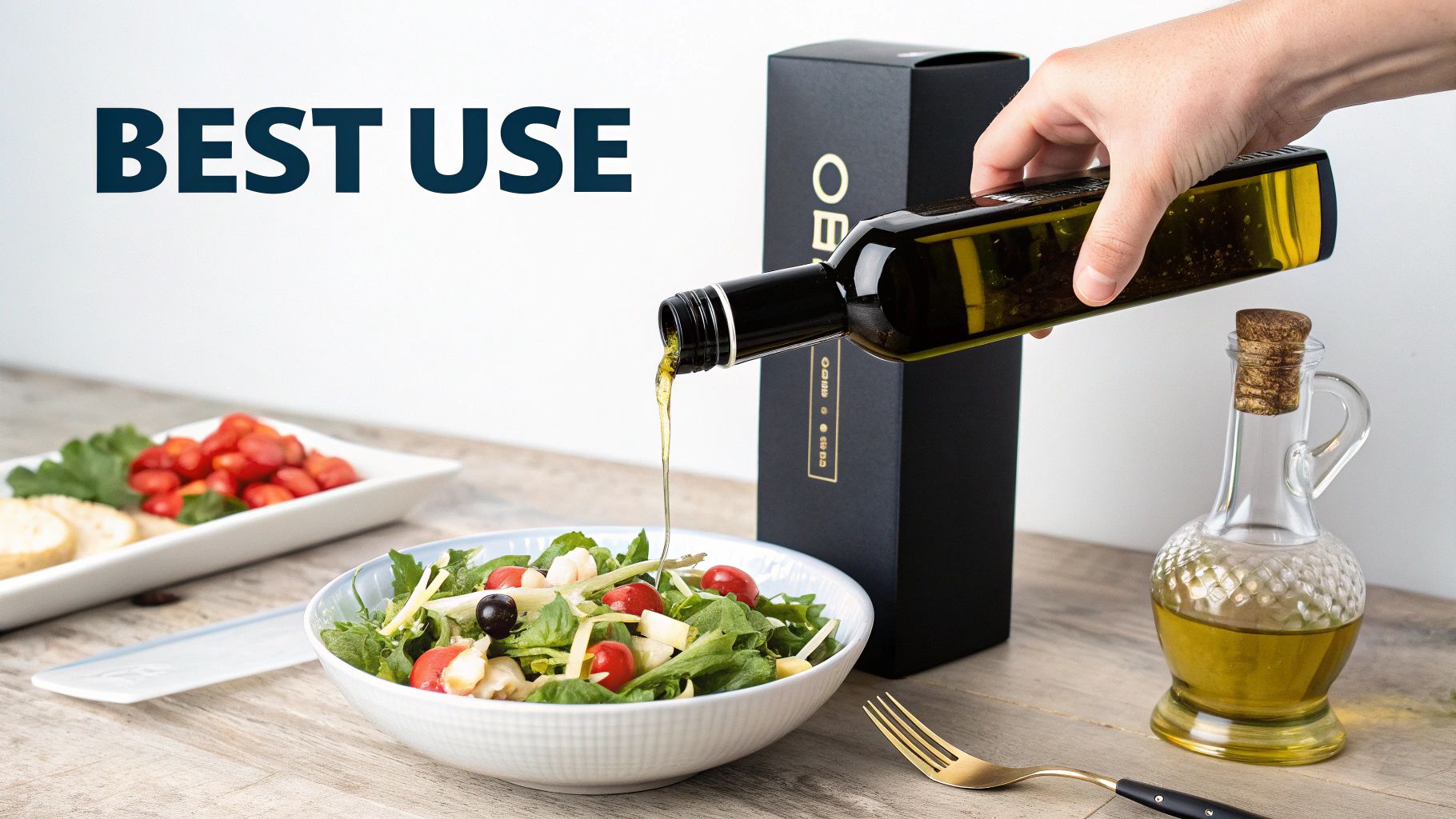 Person adding premium olive oil from a sleek bottle onto a fresh salad on a wooden table.