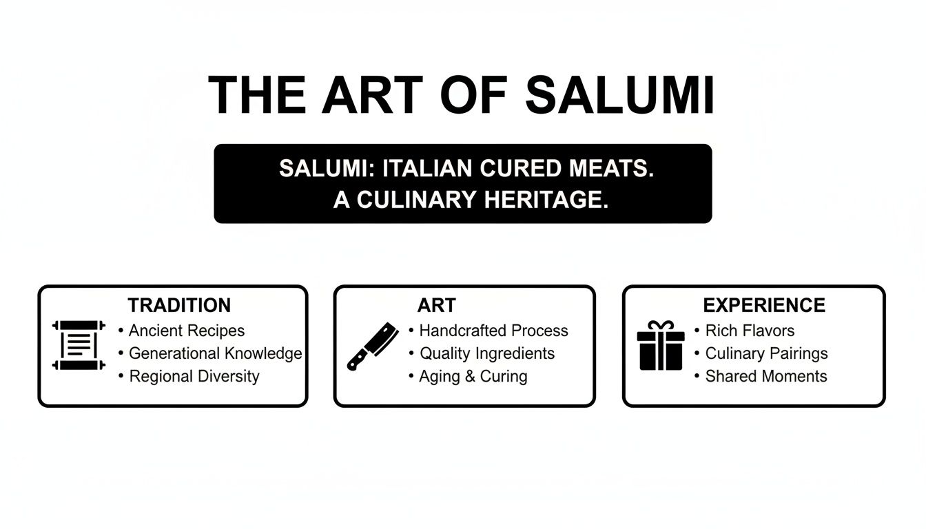 An infographic illustrating 'The Art of Salumi,' detailing its tradition, artistic process, and rich experience.