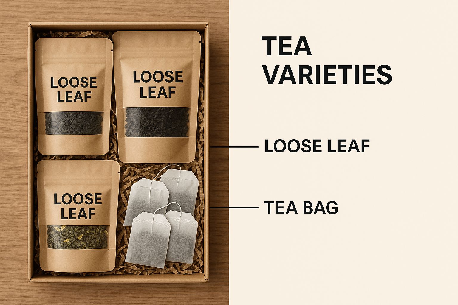 Four brown pouches labeled "Loose Leaf" and tea bags in a box. Text "Tea Varieties" with arrows pointing to "Loose Leaf" and "Tea Bag".