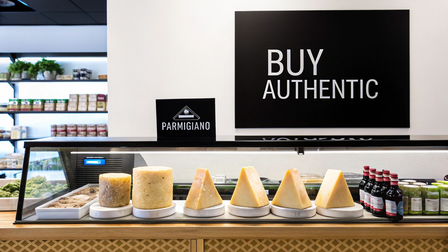 A modern store display featuring various cuts of Parmigiano Reggiano cheese, with a "BUY AUTHENTIC" sign.