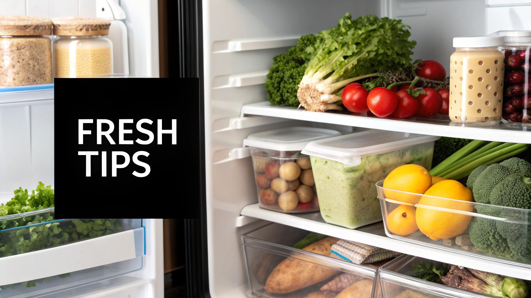 Open fridge with fresh vegetables, lemons, and jars inside. "FRESH TIPS" text overlay. Crisp, organized, and vibrant colors.